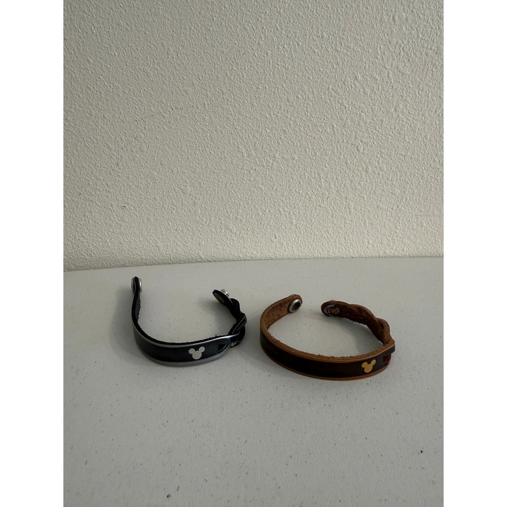 Disney Mickey‎ Mouse Leather Treaty Bracelets Set of 2 Black Brown Gold Silver L
